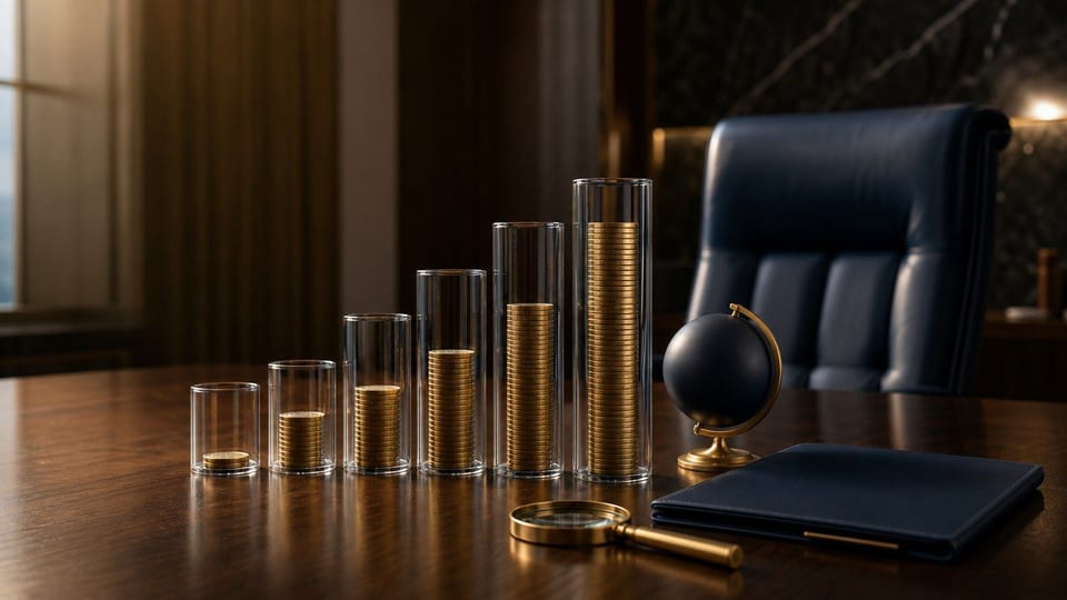 Columnas de vidrio con pilas crecientes de monedas sin marcas junto a una silla ejecutiva vacía.