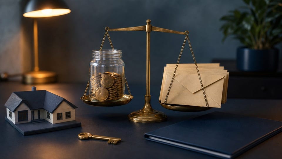 A rental house model, rent-income jar, debt-payment envelopes, coin stacks, and a balance scale show DSCR loan qualification.