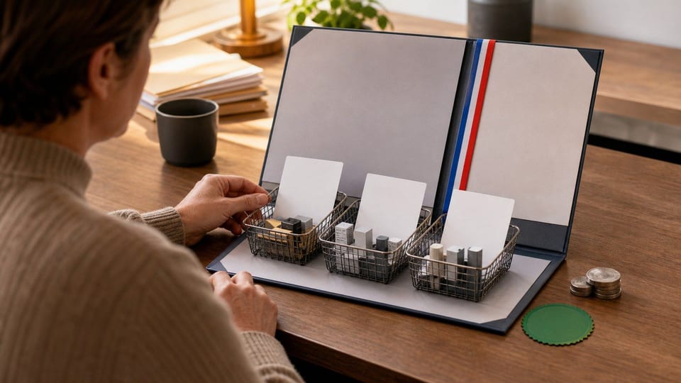 Dossier d'investissement français avec paniers d'ETF symboliques et supports vierges sur un bureau.