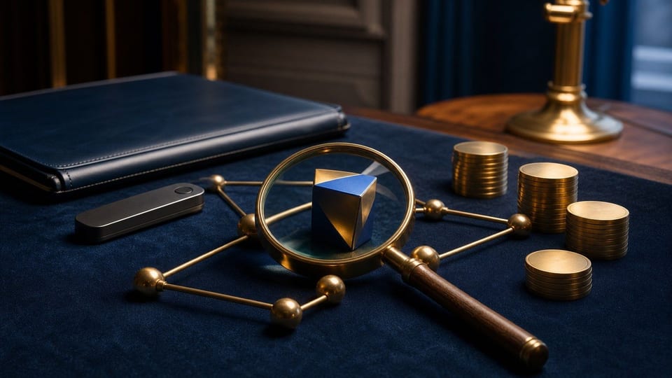 Un token cripto nemarcat este analizat cu o lupa langa un portofel hardware si teancuri de monede.