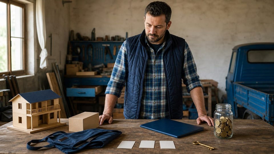 Un antreprenor rural planifică idei de afaceri într-un atelier de sat, lângă un dosar albastru, un borcan de economii și o cheie de alamă.