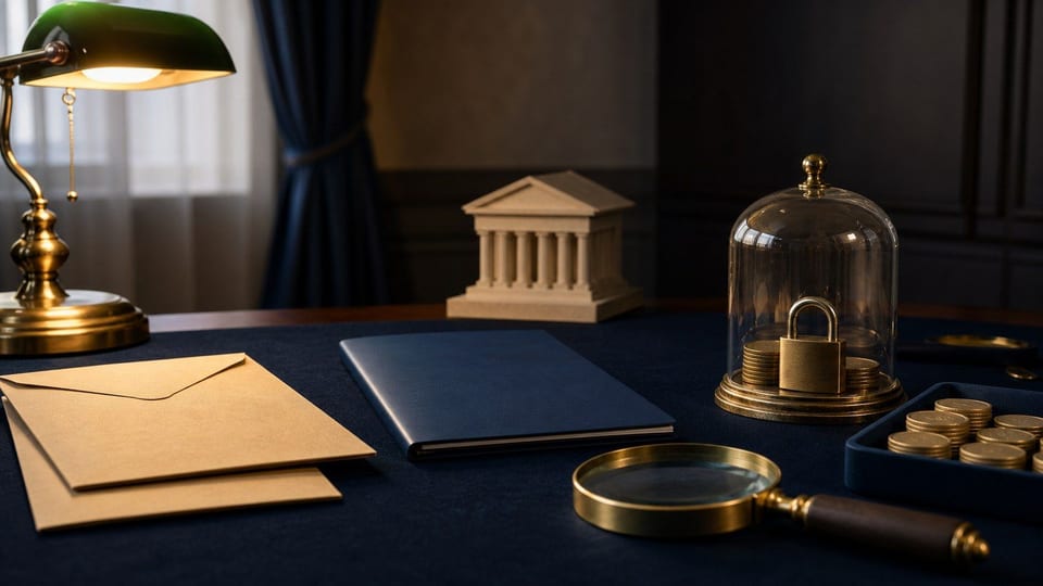 Mesa de investimento público com envelopes do Tesouro, pote protegido e discos metálicos representando dinheiro.