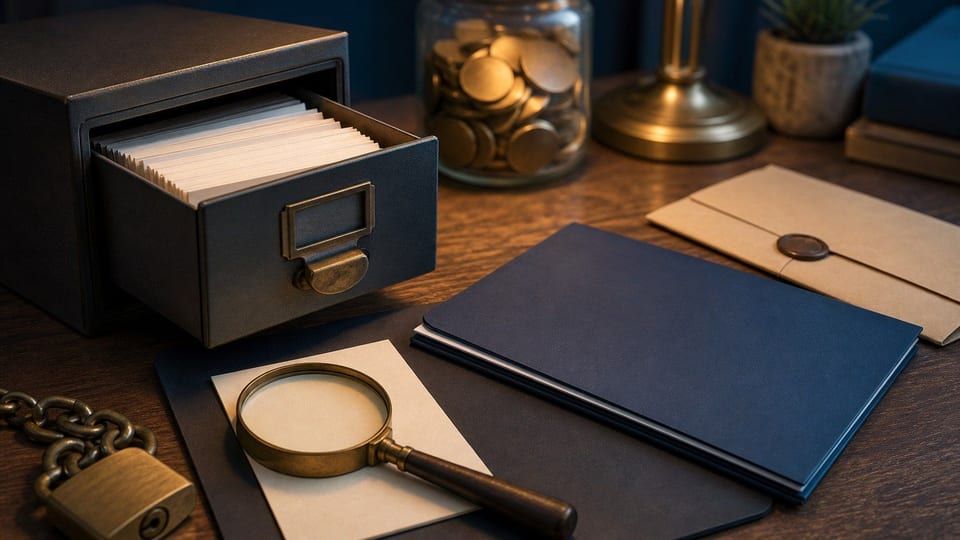 Een kredietdossier met blanco kaarten, een vergrootglas en een hangslot op een bureau.