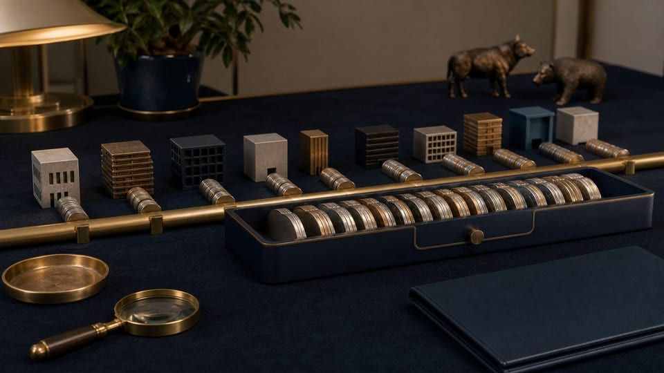 A passive index fund desk shows company blocks feeding investment discs along a brass benchmark rail into a navy portfolio tray.