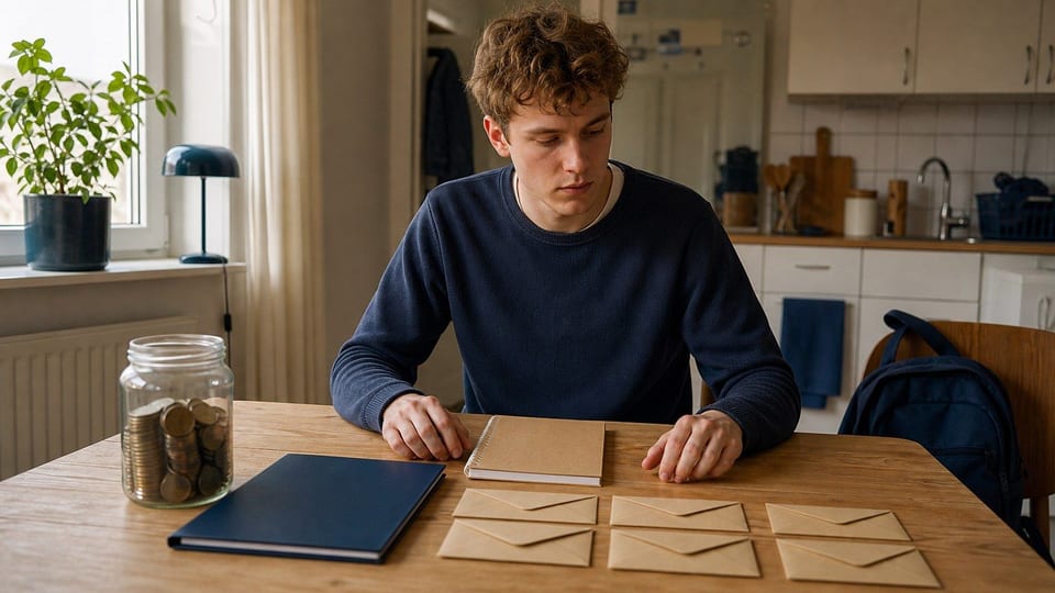 Student aan een keukentafel met lege studie-enveloppen en een map voor studielening.