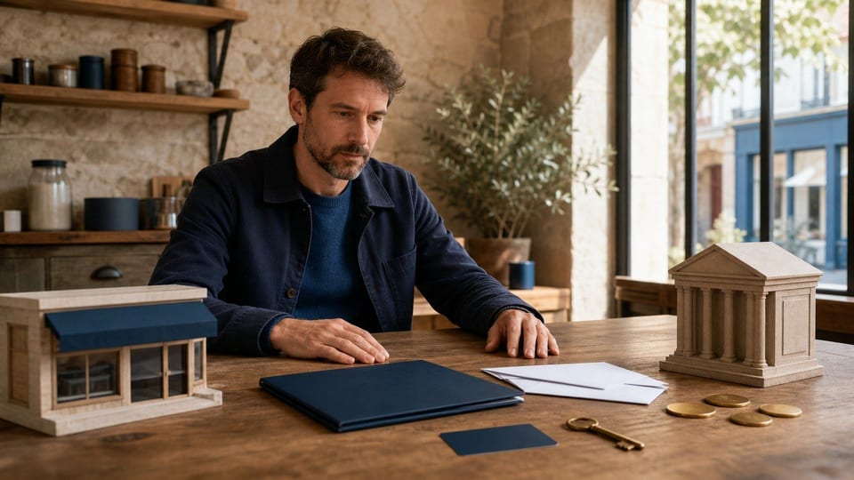 Un entrepreneur français prépare l’ouverture d’un compte professionnel avec un dossier bancaire vierge, des documents et des pièces sur une table.