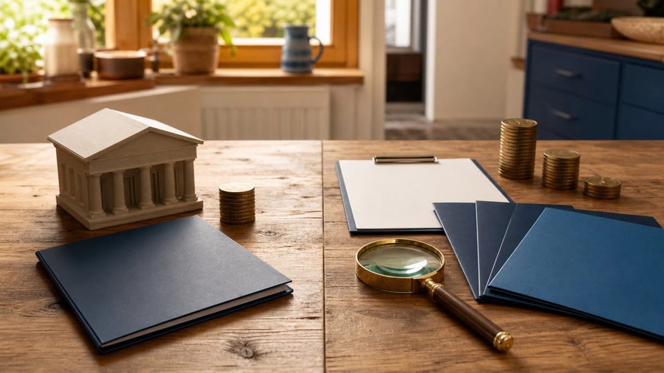 Eine Kreditentscheidung zwischen Bankmodell und mehreren leeren Vermittlerangeboten liegt mit Münzstapeln auf einem Tisch.