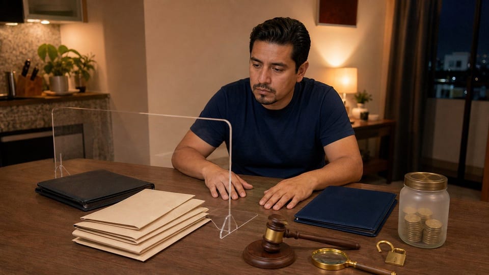 Persona revisando sobres de cobranza, una carpeta de queja y una alcancía para representar la presión de un despacho de cobranza.