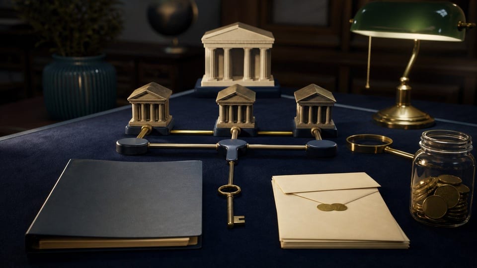 Escritorio de tasa interbancaria con modelos de bancos, riel de referencia, carpeta de crédito, llave y monedas.