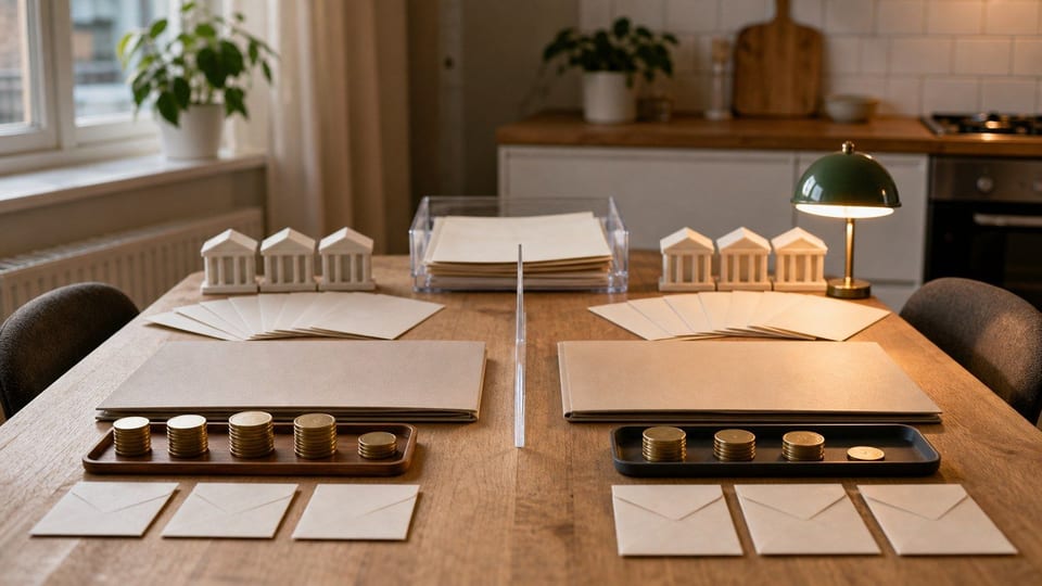 Två låneförmedlaralternativ jämförs med bankmodeller, tomma erbjudandekuvert och olika återbetalningshögar på ett köksbord.