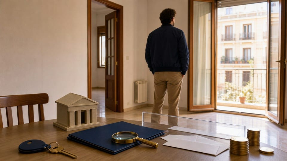 Persona observando un piso vacío con una llave, una carpeta azul de vivienda bancaria y monedas sin marcar sobre la mesa.