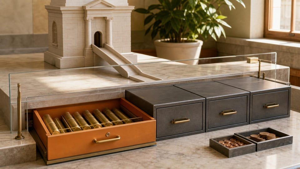 Un cassetto arancione aperto per il deposito libero è affiancato da cassetti vincolati protetti.