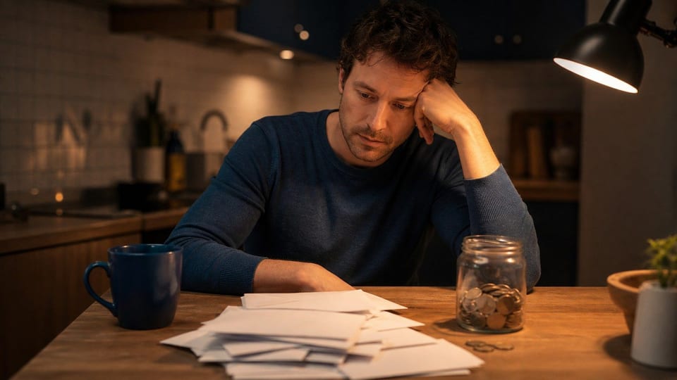 A person sitting at a kitchen table late at night with a stack of blank unmarked envelopes and a glass jar of coins