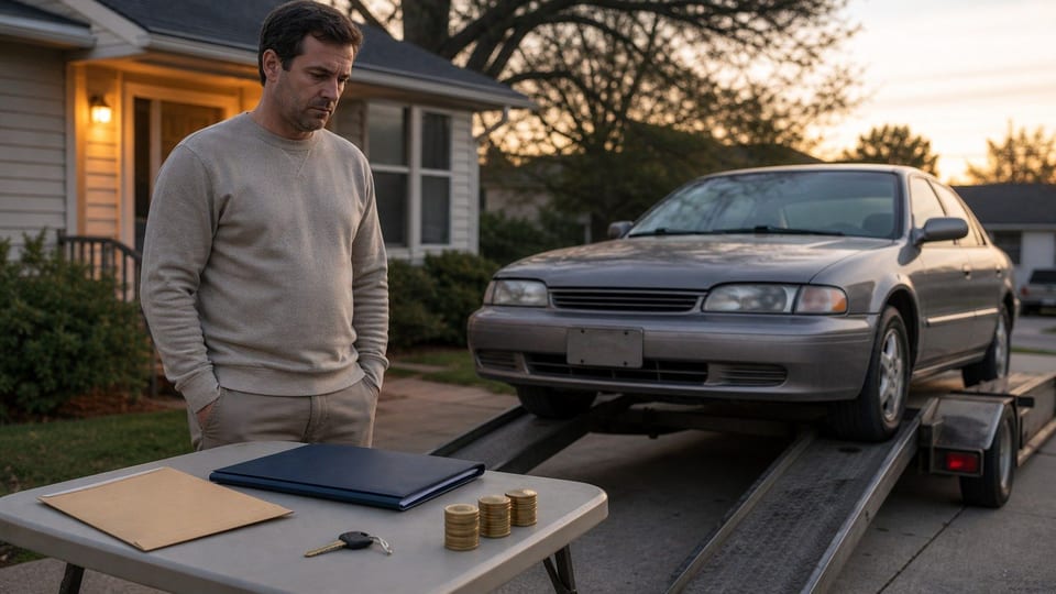 An older car on a tow ramp in a suburban driveway beside a car key, loan folder, and money stacks.