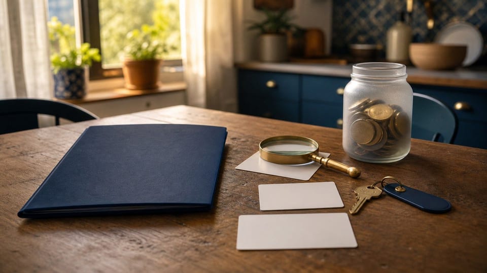 Mesa de finanzas personales con carpeta de retiro, lupa, identificaciones en blanco, llave y frasco de ahorro.