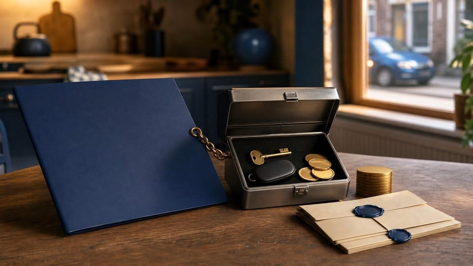 Een onderpand voor een lening wordt verbeeld met een lockbox, sleutels, leningmap en ongemarkeerde munten.