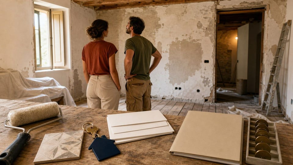 Coppia in una prima casa in ristrutturazione con chiavi, materiali e documenti del mutuo.