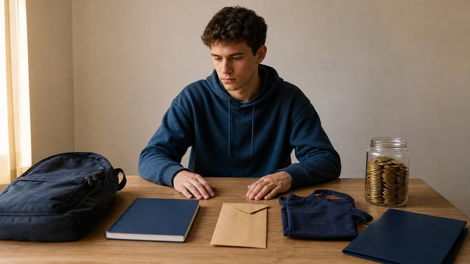 Un student stă la o masă de apartament cu un caiet, un plic de salariu, un rucsac și un borcan cu monede nemarcate.