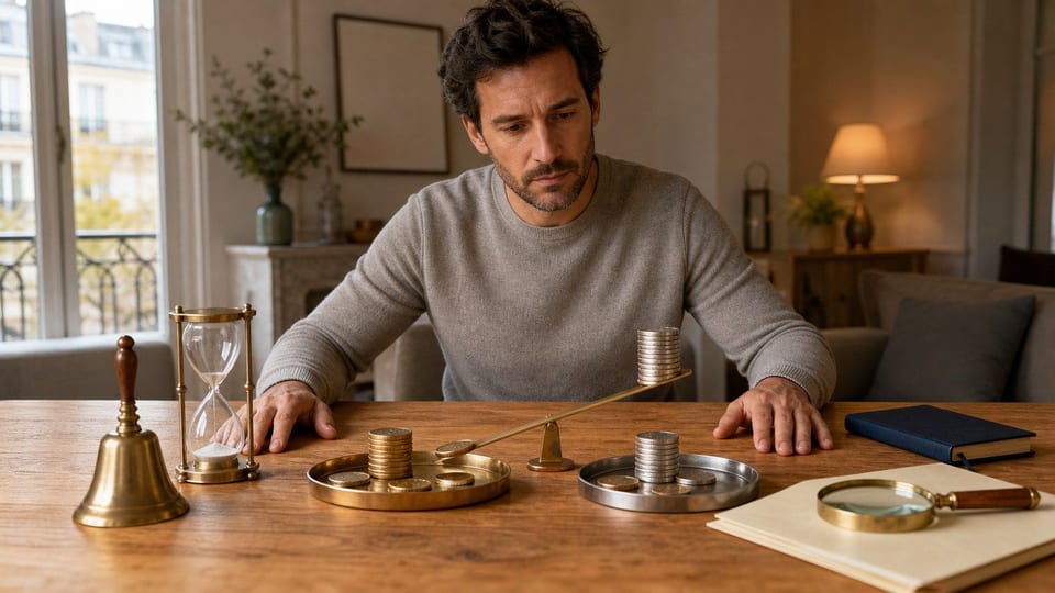 Un trader particulier étudie deux plateaux d'achat et de vente avec un sablier et un levier sur une table en bois.