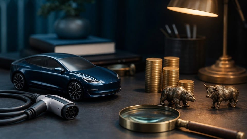 Model elektromobilu s nabíjecím kabelem a investičními mincemi leží na stole.