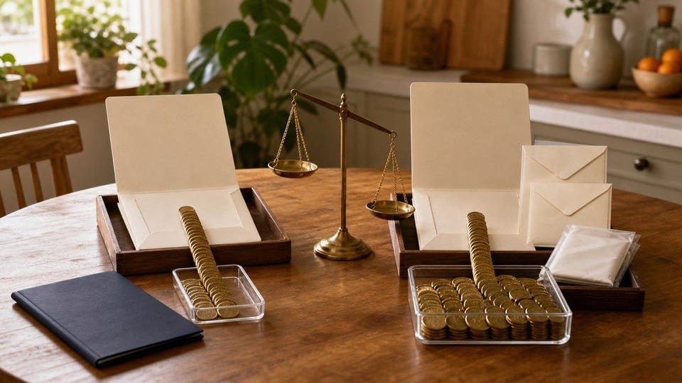 Balanza sobre una mesa de madera con bandejas de monedas, sobres en blanco y una carpeta azul marino que representan el interés nominal de un préstamo.