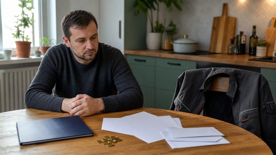 Zamyšlený muž u kuchyňského stolu nad prázdnými formuláři k žádosti o půjčku a malou hromádkou mincí.