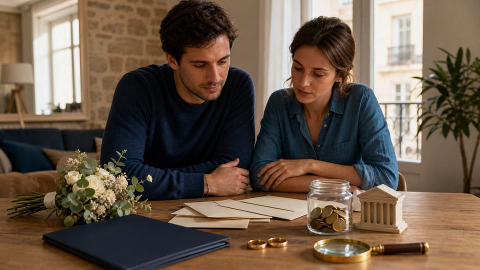 Un couple fiancé prépare le budget de son mariage avec un dossier de prêt personnel et une épargne en pièces.