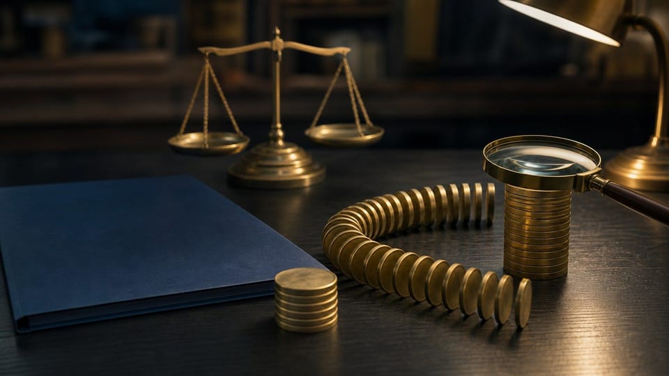 A compounding loan scene shows brass discs looping from a small starting stack into a taller final stack beside a blank navy loan folder.