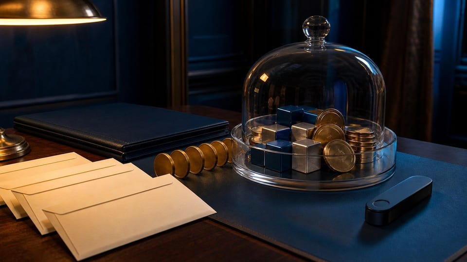 Een crypto-ETF wordt verbeeld met blauwe cryptotokens en muntstapels onder een glazen fondsstolp.