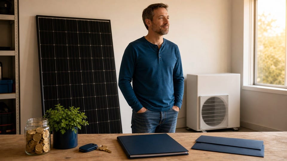 A homeowner stands in a utility room beside solar and heat-pump equipment, a blank loan folder, keys, and a savings jar.