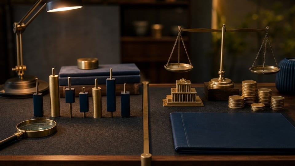 Meja analisis terbagi dua antara blok candlestick fisik dan model perusahaan dengan timbangan, koin polos, serta map biru tua.