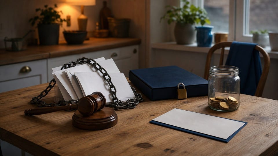 Sobres de deuda, mazo y carpeta de préstamo sobre una mesa con monedas.