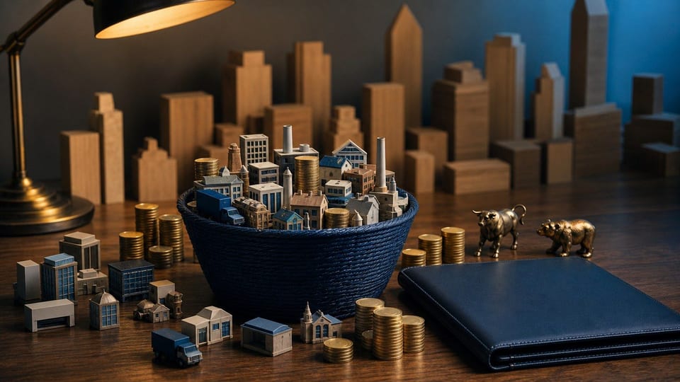 Miniaturní budovy firem a mince plynoucí do jedné fondové nádoby znázorňují investování do S&P 500.