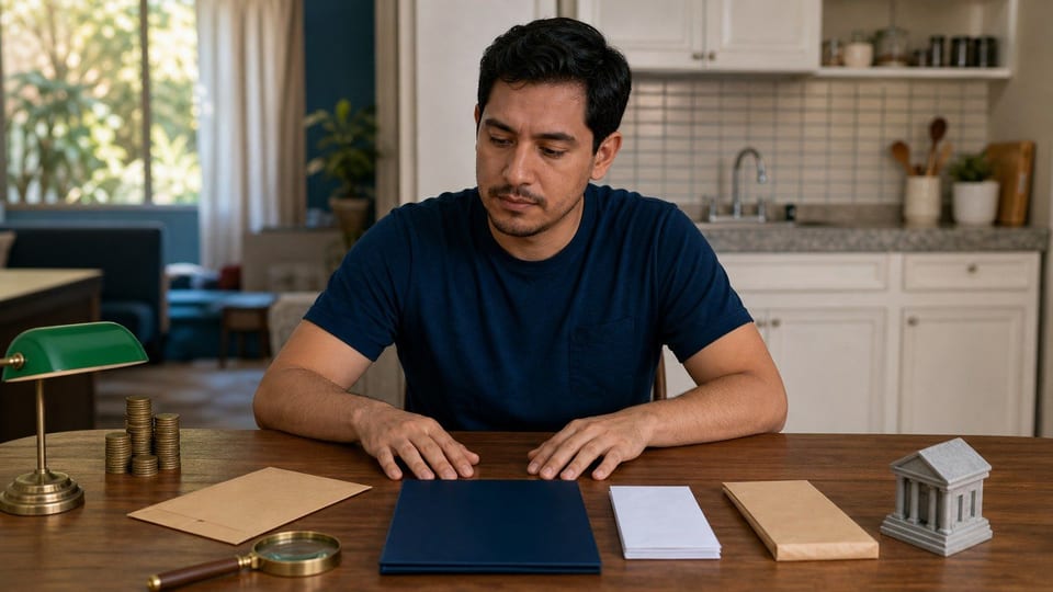 Trabajador revisando comprobantes de ingresos con carpeta, sobre de nómina, modelo de banco y monedas.