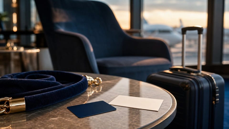 Lentokenttäloungen sivupöydällä on tyhjä tummansininen maksukortti, matkalaukku ja lounge-tuoli lämpimässä valossa.