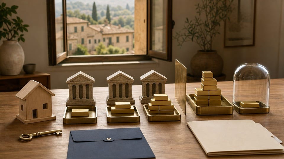 Modello di una prima casa davanti a più banche con diversi livelli di costo del mutuo.