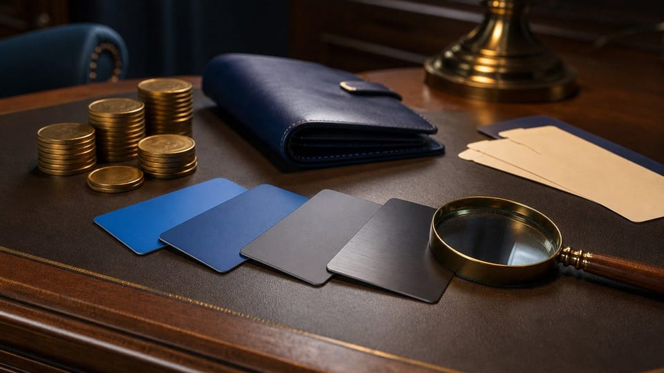 Sélection de cartes de paiement vierges avec portefeuille de voyage et piles de jetons, pour illustrer le choix d'une carte American Express.
