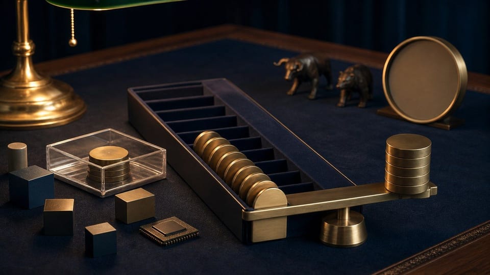 Banco di trading con componenti tecnologici, dischi metallici e una riserva di margine per rappresentare i futures sul Nasdaq 100.
