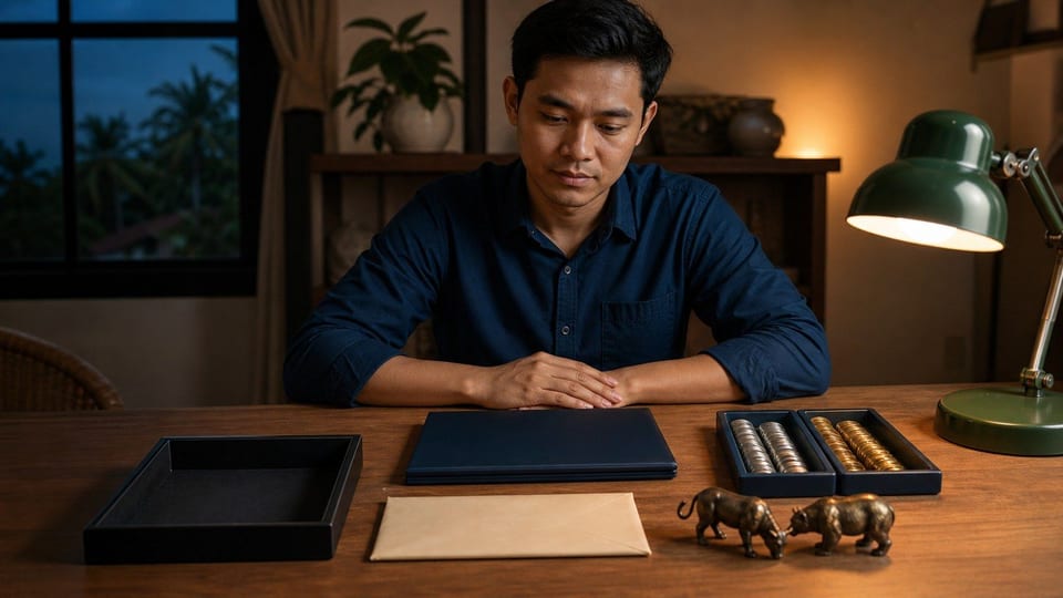 Seorang pemula Indonesia belajar trading forex tanpa modal awal di meja belajar dengan folder demo dan koin investasi polos.