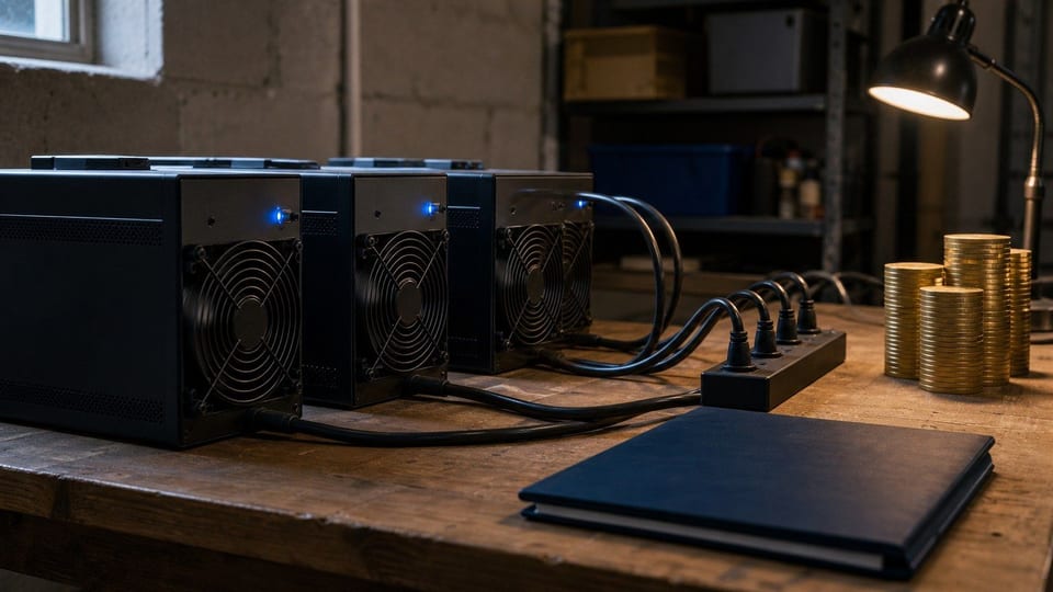 Krypto-Mining-Hardware mit Stromkabeln, Münzstapeln und blauer Akzentbeleuchtung auf einer Werkbank.