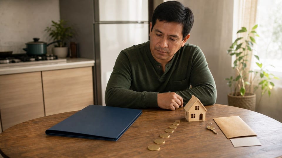 Trabajador revisando documentos de crédito de vivienda con llaves, monedas y una maqueta de casa sobre la mesa.