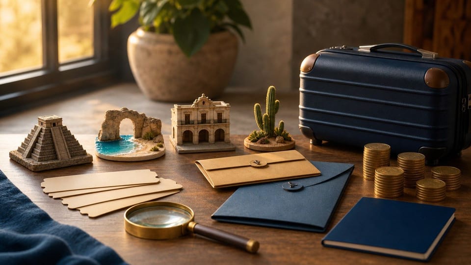 Una mesa de presupuesto de viaje con miniaturas de destinos mexicanos, maleta azul, boletos en blanco y monedas sin marcas.