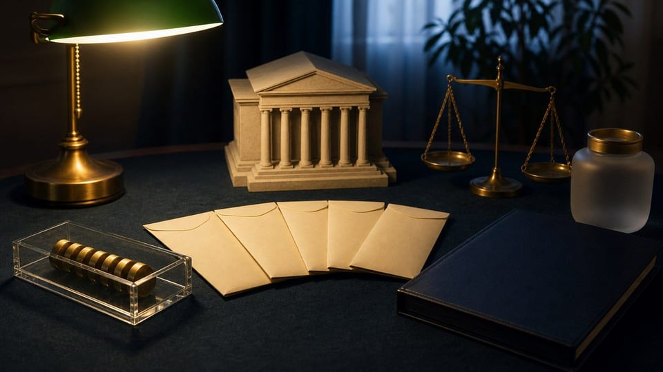 Állampapírokat jelképező üres kötvényborítékok, biztonsági tálca, mérleg és megtakarítási üveg egy bankári asztalon.