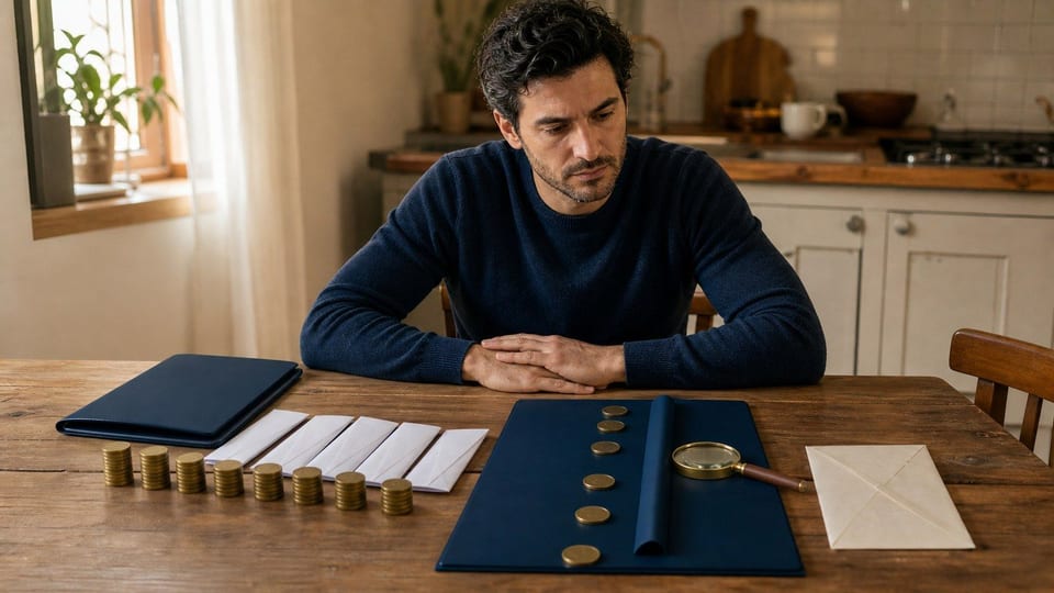 Una persona valuta l’aumento di un finanziamento con cartelle di prestito, buste e monete sul tavolo.
