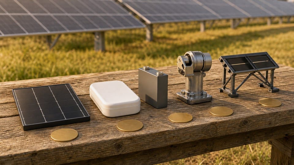 Cinque componenti della filiera fotovoltaica sono disposti con dischi d’investimento davanti a un impianto solare.