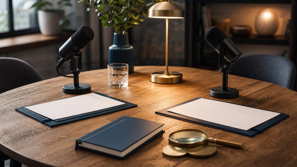 Ett intervjubord med två mikrofoner, tomma lånemappar, mynt och en navyfärgad anteckningsbok i varmt ljus.