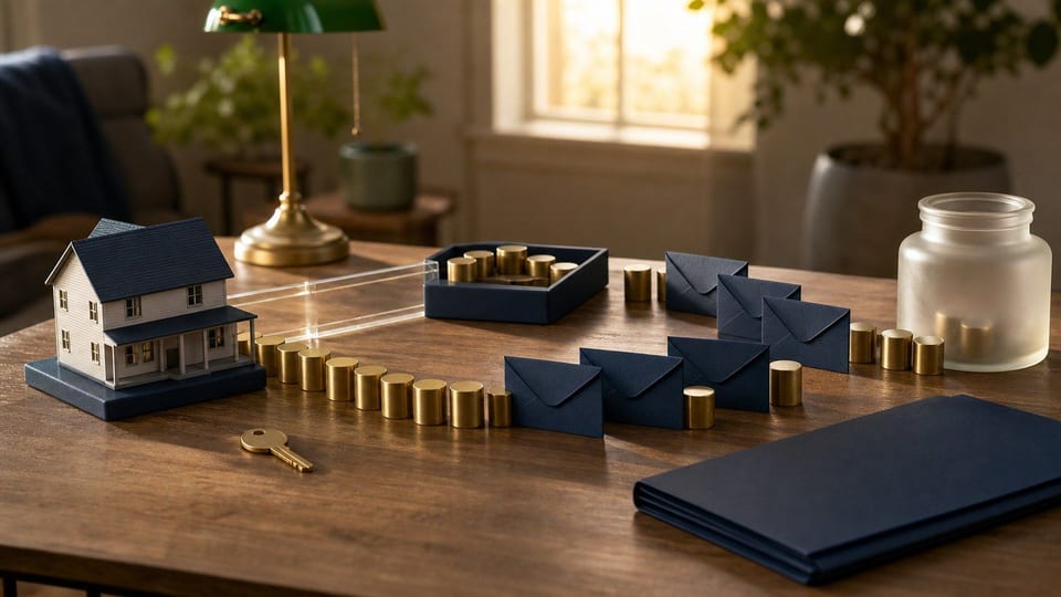 A home equity credit line is shown with a model house, blank draw envelopes, brass money markers, a repayment jar, and a mortgage folder on a kitchen table.