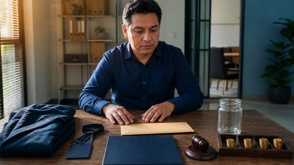 Empleado revisando un sobre de pago final, una carpeta laboral y discos metálicos en una mesa de oficina.