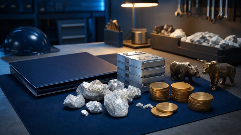 Lithiummineralien, Batteriezellen und Münzstapel liegen auf einem dunklen Investment-Arbeitstisch.