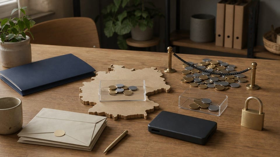 Eine Deutschland-Silhouette zeigt wenige Krypto-Anlagetoken gegenüber einer größeren Gruppe hinter einer Sicherheitsbarriere.